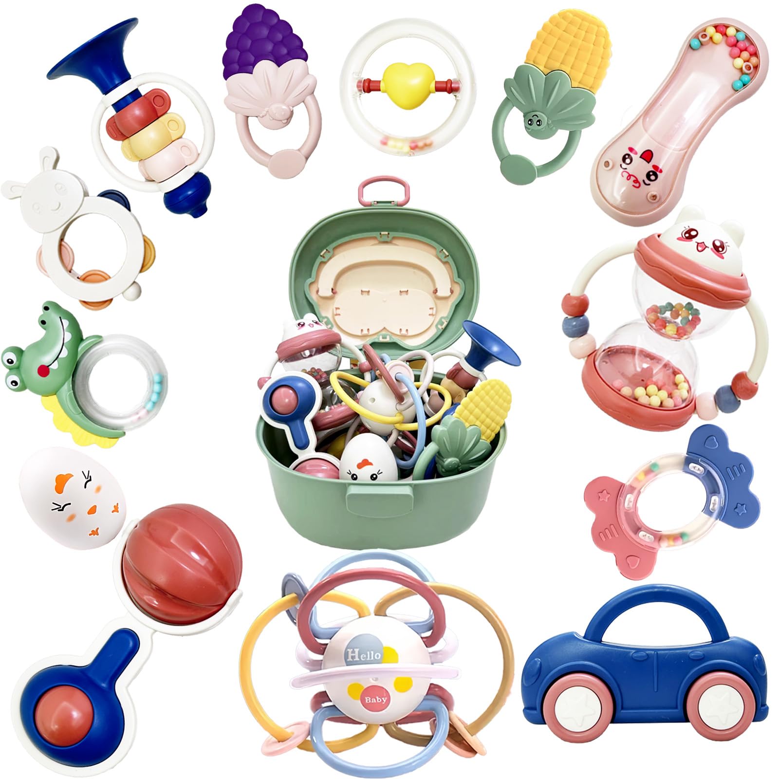 Gdbykds 14pcs Baby Rattle, Sensory Toys for Babies - with Activity Baby Ball/Grab and Spin Baby Rattle/Teething Toy/Small Horn Toy, Baby Shower Gifts, 0 3 6 9 12 Months Christmas Boy Girl Gift Set