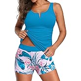 Daci Womens 2 Piece Tankini Swimsuits - Tummy Control Bathing Suit with Shorts V Wire Tankini Top Ribbed Swimwear