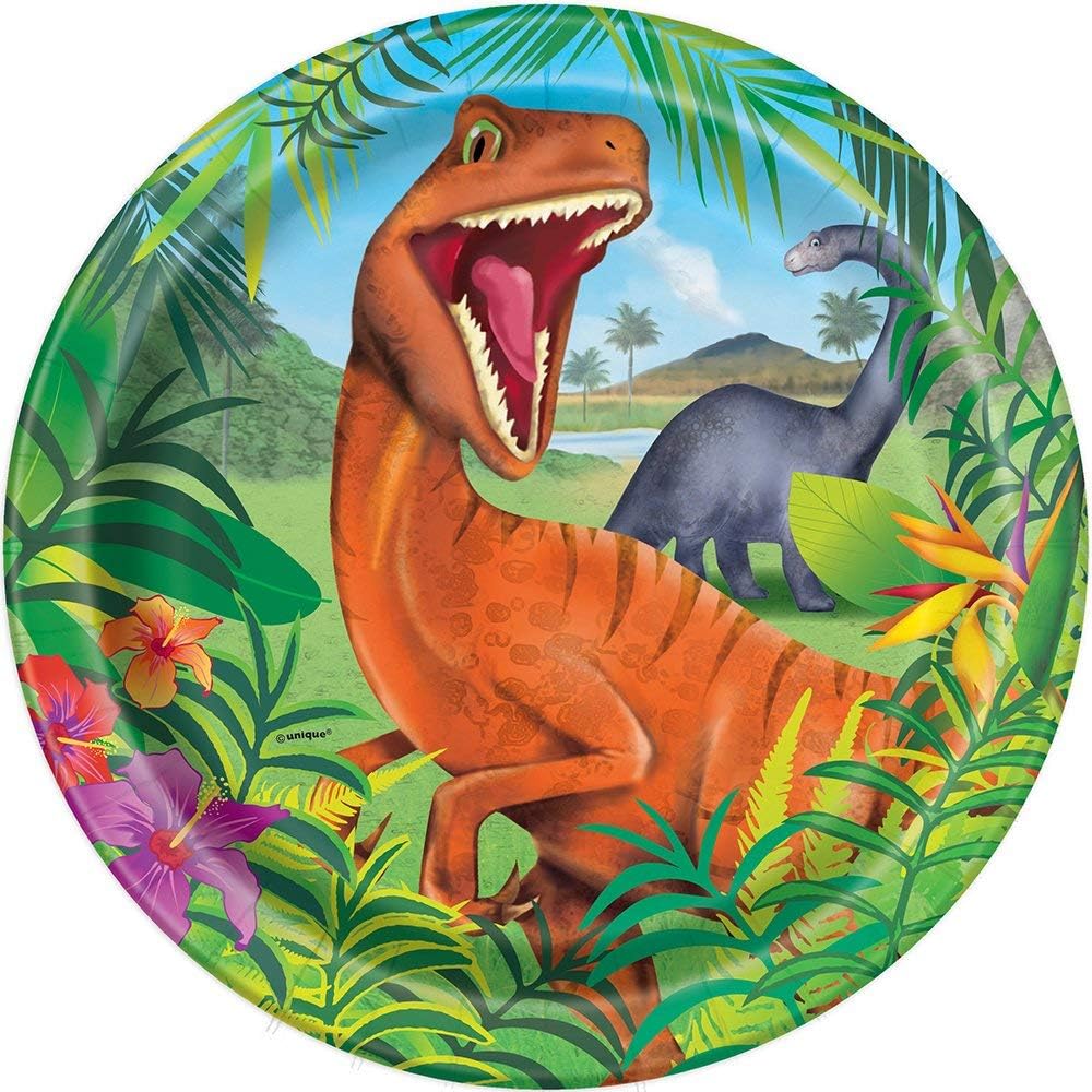 Unique Party 58315 - 23cm Dinosaur Party Plates, Pack of 8, Multi Color, 9"