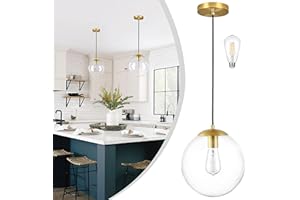 KoKo&Yukina 10" Globe Pendant Light Gold Mid Century Pendant Glass Globe Light Fixture Mid Century Modern Light Fixture Brushed Brass Finished with Clear Glass Lampshade for Dining Room Bedroom