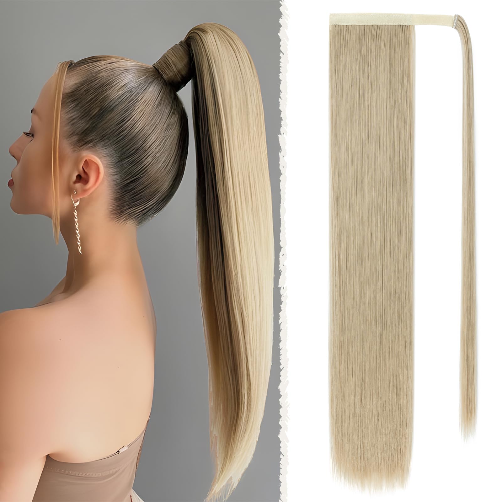 Benehair 28 Inches Straight Ponytail Extension Long Wrap Around Drawstring Ponytail Synthetic Hair Extension Ponytail Ash Blonde Hair Pieces for Women(Ash Blonde, 140g)