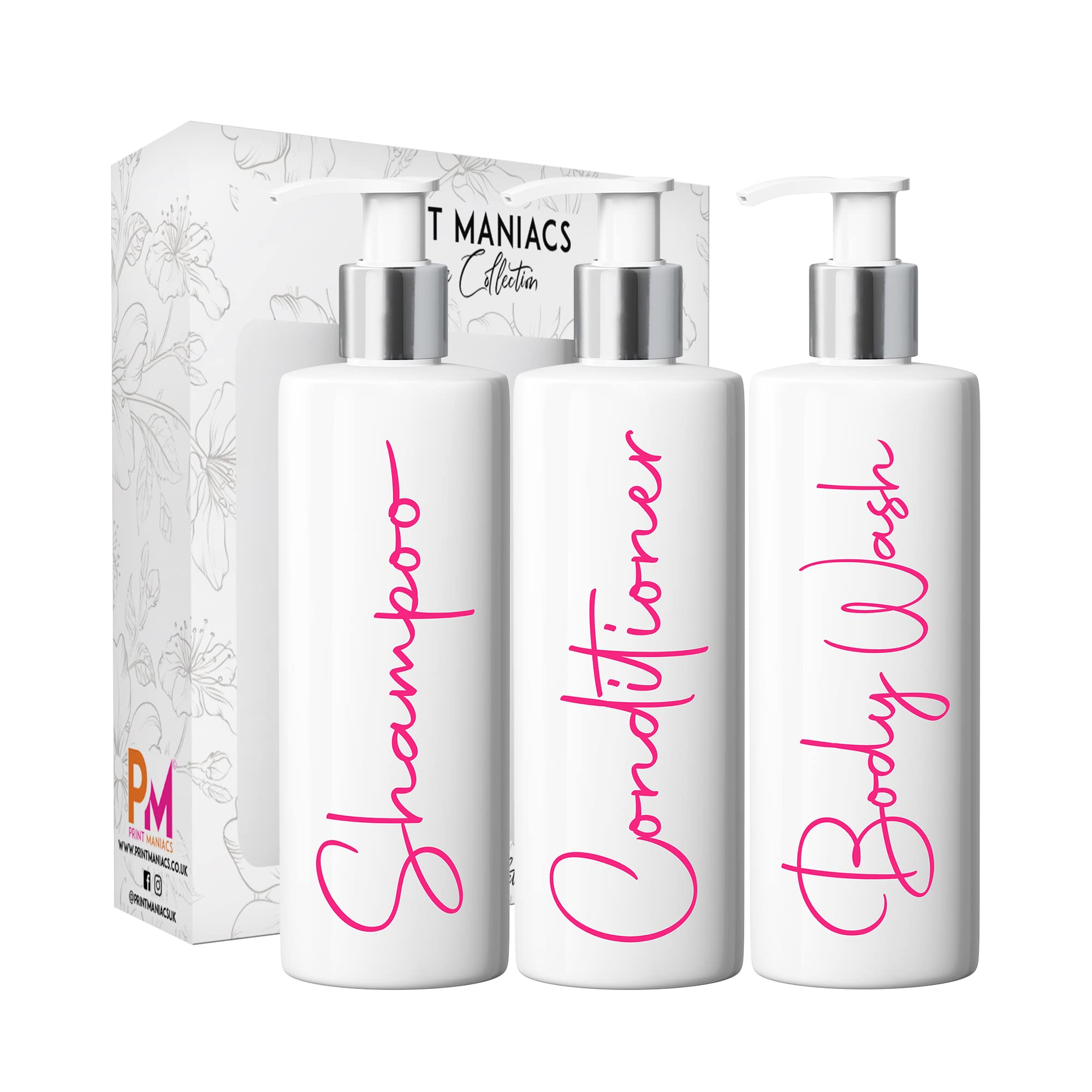 Print Maniacs White Mrs Hinch Inspired Personalised 500ml Pump Bottles Bathroom Lotion Kitchen Set Shampoo Conditioner ( 3 Set, F2 ) (Pink)
