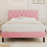 VECELO Full Size Bed Frame with Diamond Tufted Headboard, Upholstered Platform Bedframe with Wood Slat Support, No Box Spring Needed, Mauve Pink