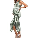 OUGES Women's 2026 Summer Maternity Dress Knit Sleeveless Crewneck Midi Dress Side Slit Striped Bodycon Sweater Dress