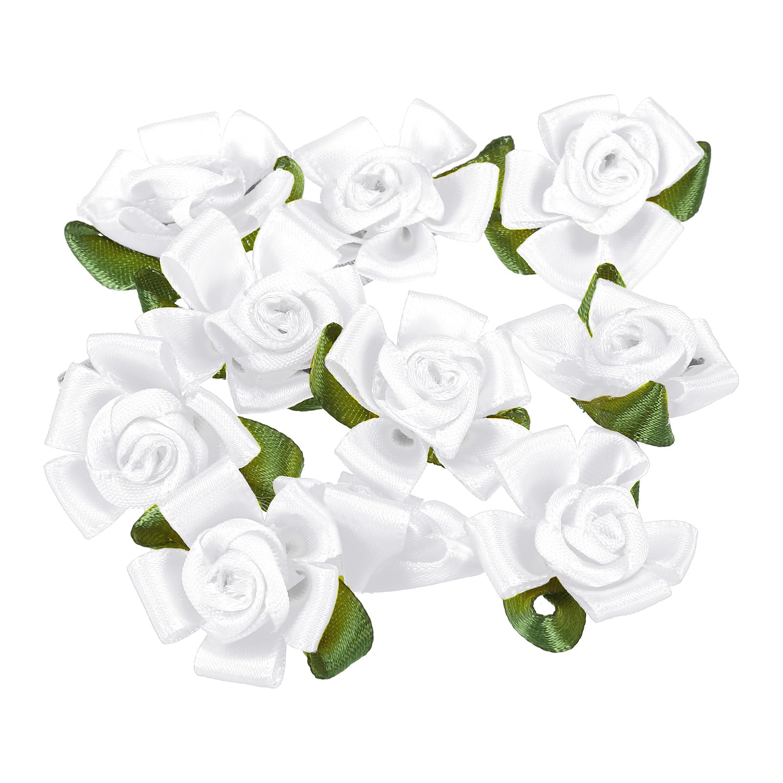 PATIKIL Mini Satin Ribbon Roses, 20 Pcs Small Rosettes Fabric Flowers with Green Leaves for Craft Projects Embellishments Applique, White