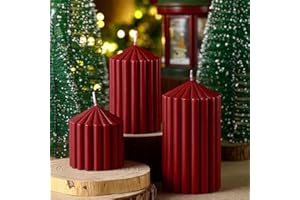 Conelist Set of 3 Ribbed Pillar Candles Soy Wax Scented Ribbed Candles Includes 2.8, 4.2 and 5.1 Inches Heights Romantic Decoration for Home Birthday Gift(Dark Red)