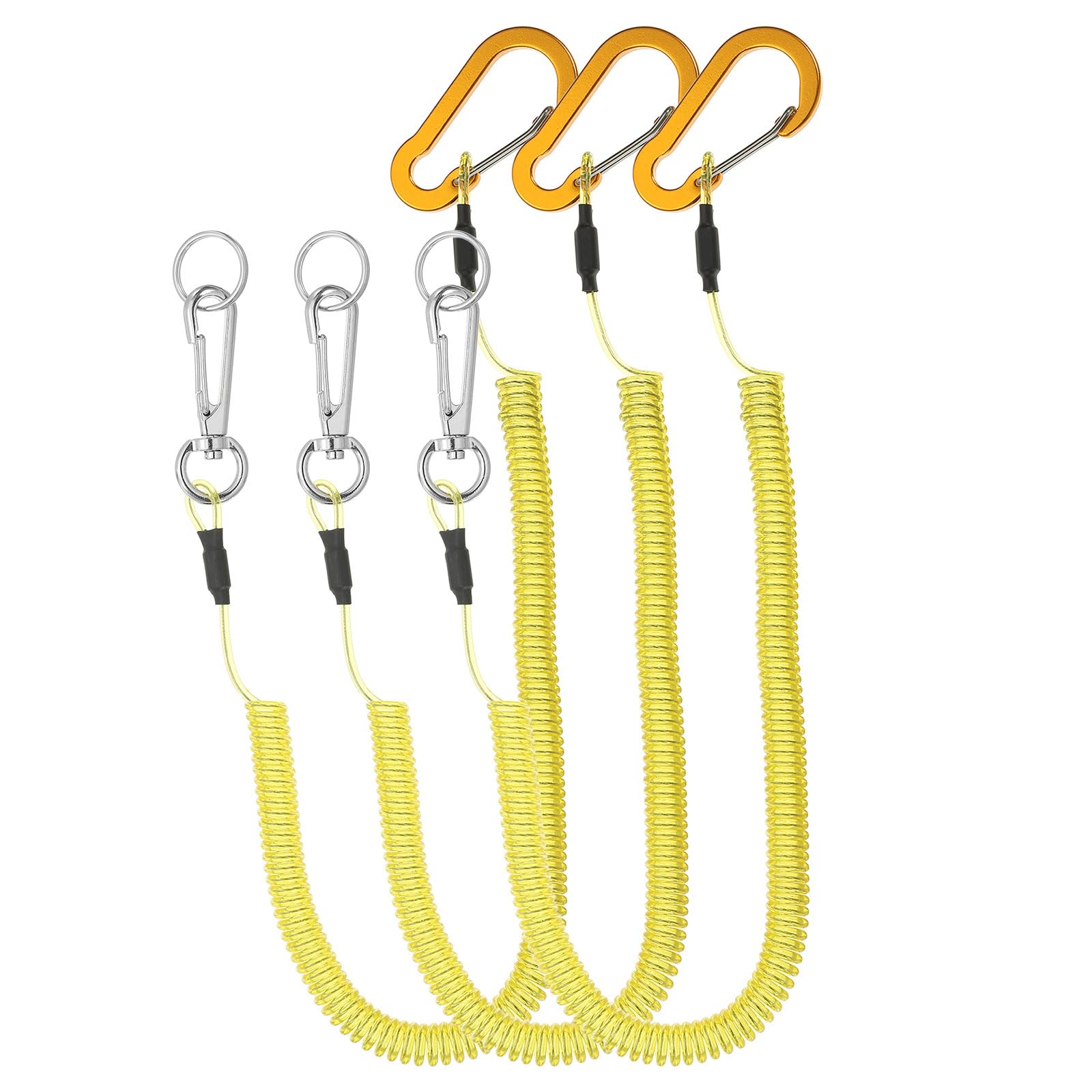 PATIKIL 3pcs Retractable Spring Coil Straps, 10" Spiral Stretchy Safety Lanyard Cord with Aluminium Rotatable Clip for Fishing Kayak Climbing Boating Pliers, Yellow