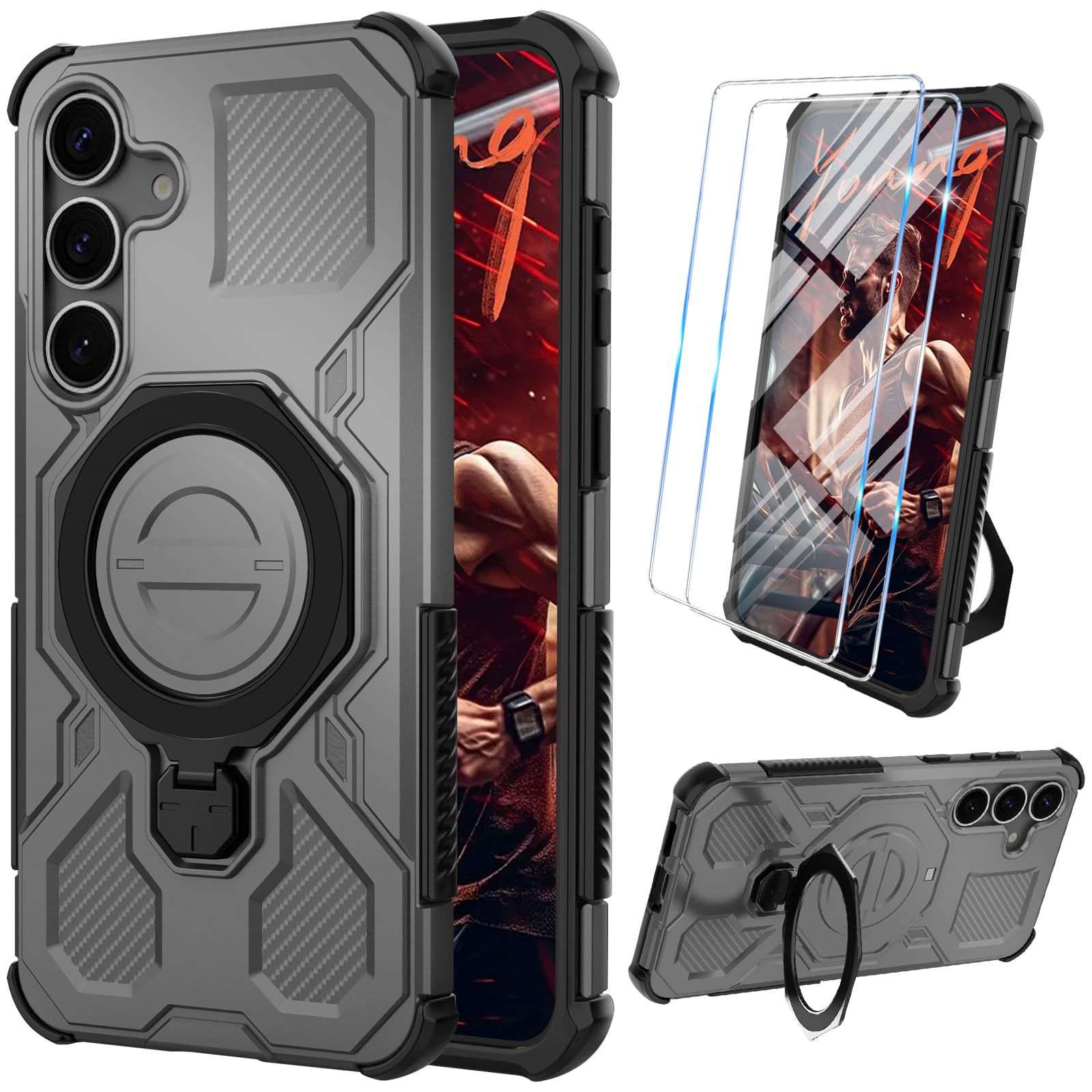 Photo 1 of Vaki for Samsung Galaxy S25 Case with Tempered Glass Screen Protector, Heavy Duty Military Grade Shockproof Protective Cover 360° Ring Magnetic Kickstand Armor Cell Phone Case for Samsung S25 (Gray)