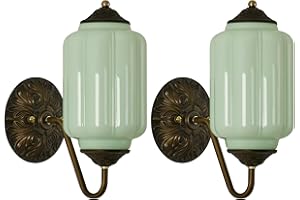 Vintage Milk Glass Wall Sconce - Set of 2 Green Dimmable Wall Mount Lighting with Bulbs - Antique Brass Gold Sconces - Mid Ce