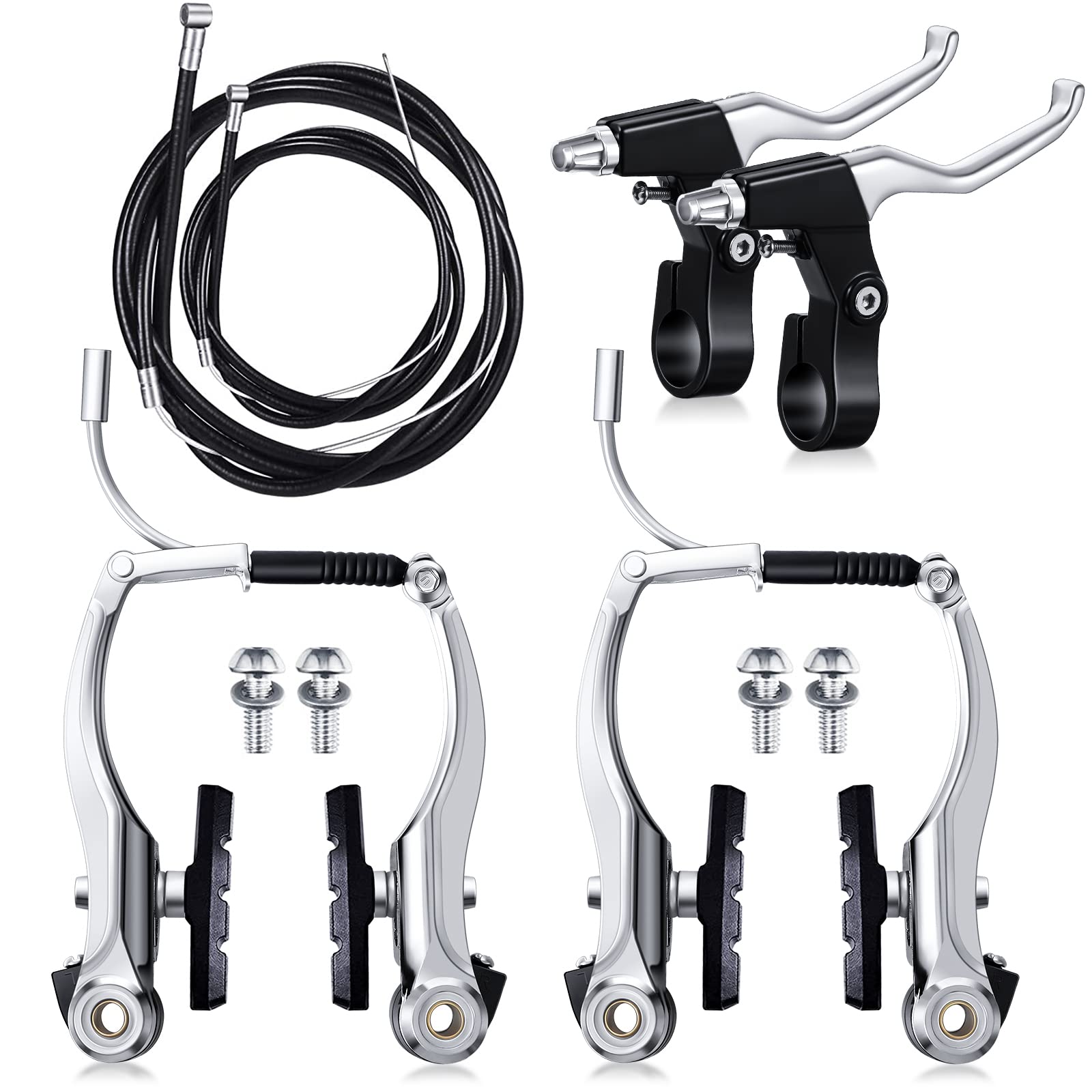 Photo 1 of Boao Complete V-Type Bike Brake Set, Front and Rear Bike MTB Brake Inner and Outer Cables and Lever Kit Includes Calipers Levers Cables (Silver)