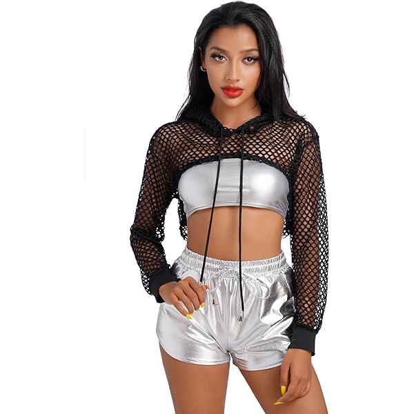 トップス short long sleeves mesh hoodie Remidoo Women's Hollow Out Cropped Hoodie Drawstring Long