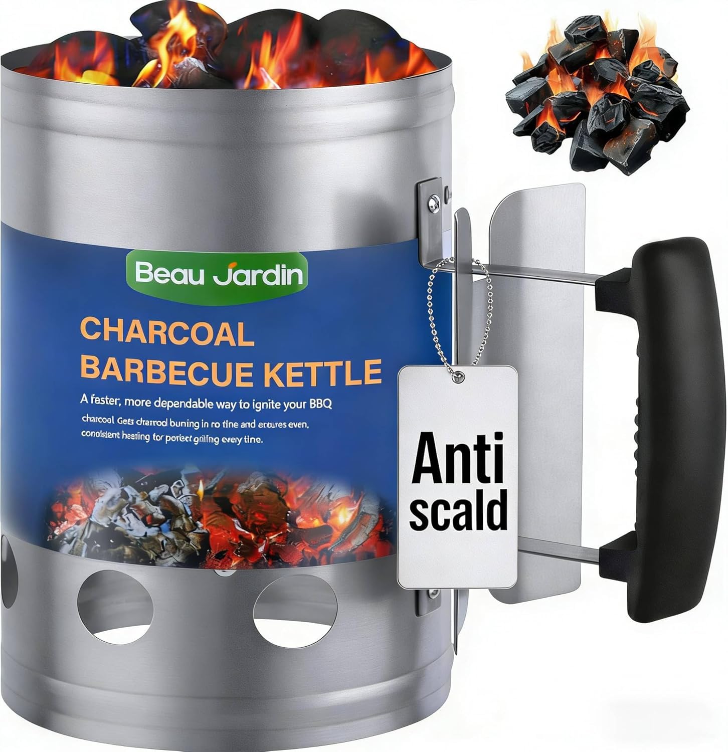 BEAU JARDIN Pro-Grade Chimney Starter - Fast, Even Ignition for Charcoal & Briquettes | Heavy-Duty Galvanised Steel with Secure Grip Handles | Optimal 28cm Size Fits Most BBQs & Smokers