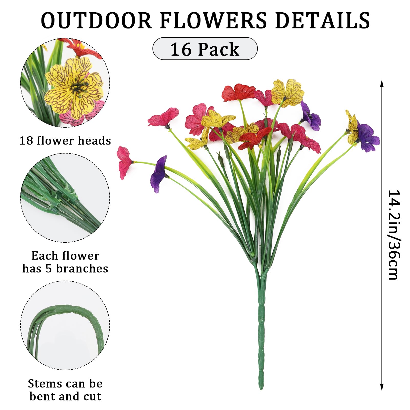 Sahoottie 16 Bundles Colorful Spring Artificial Flowers for Outdoors Fake Spring Flowers Faux Flowers for Planters Garden Window Box (4 Colors)