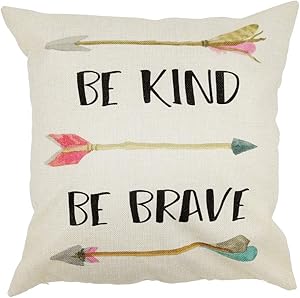 Arundeal Decorative Throw Pillow Case Cushion Covers, Cotton Linen 18 x 18 Inches, Inspirational Quote Be Brave Be Kind Tribal Arrows, for Kids Boys Girls Nursery Room Decor