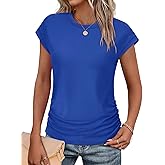 SAMPEEL Womens Summer Tops Trendy 2025 Ruched Cap Short Sleeve Tshirts Shirts Crew Neck T Shirts Fashion