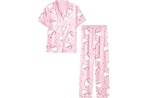 Umeyda Girls Womens Pajamas Set, Satin Silky Button Down Loungewear 2 Piece Short Sleeve Pants PJS Sets for Mommy Kids