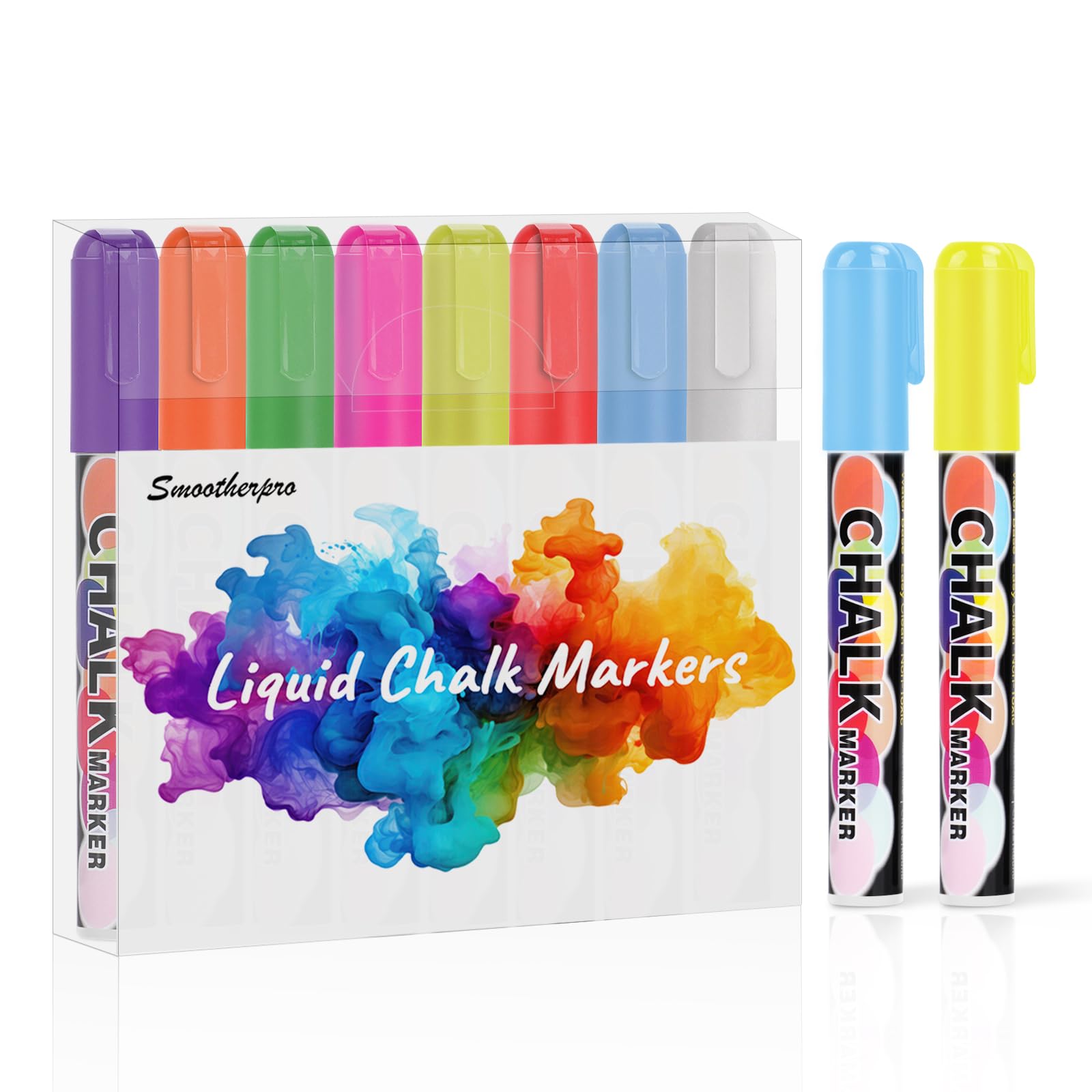 SMOOTHERPRO Liquid Chalk Marker Pen | 8 Colors | Bright Highlights Blackboard Markers | 10mm Wide Tip | Bold Square Oblique Nib Erasable (CMP108)