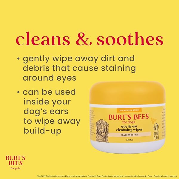 BURT’S BEES FOR PETS EYE & EAR CLEANSING WIPES FOR DOGS, FRAGRANCE-FREE, 98% NATURAL ORIGIN FORMULAS, GENTLE SPOT CLEANING SHEETS FOR DOG EYES AND EARS, 100 COUNT