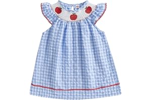 Mobbdow Toddler Girl Back to School Dress Embroidery Short Sleeve Smocked Dress First Day of Preschool Kindergarten Outfit