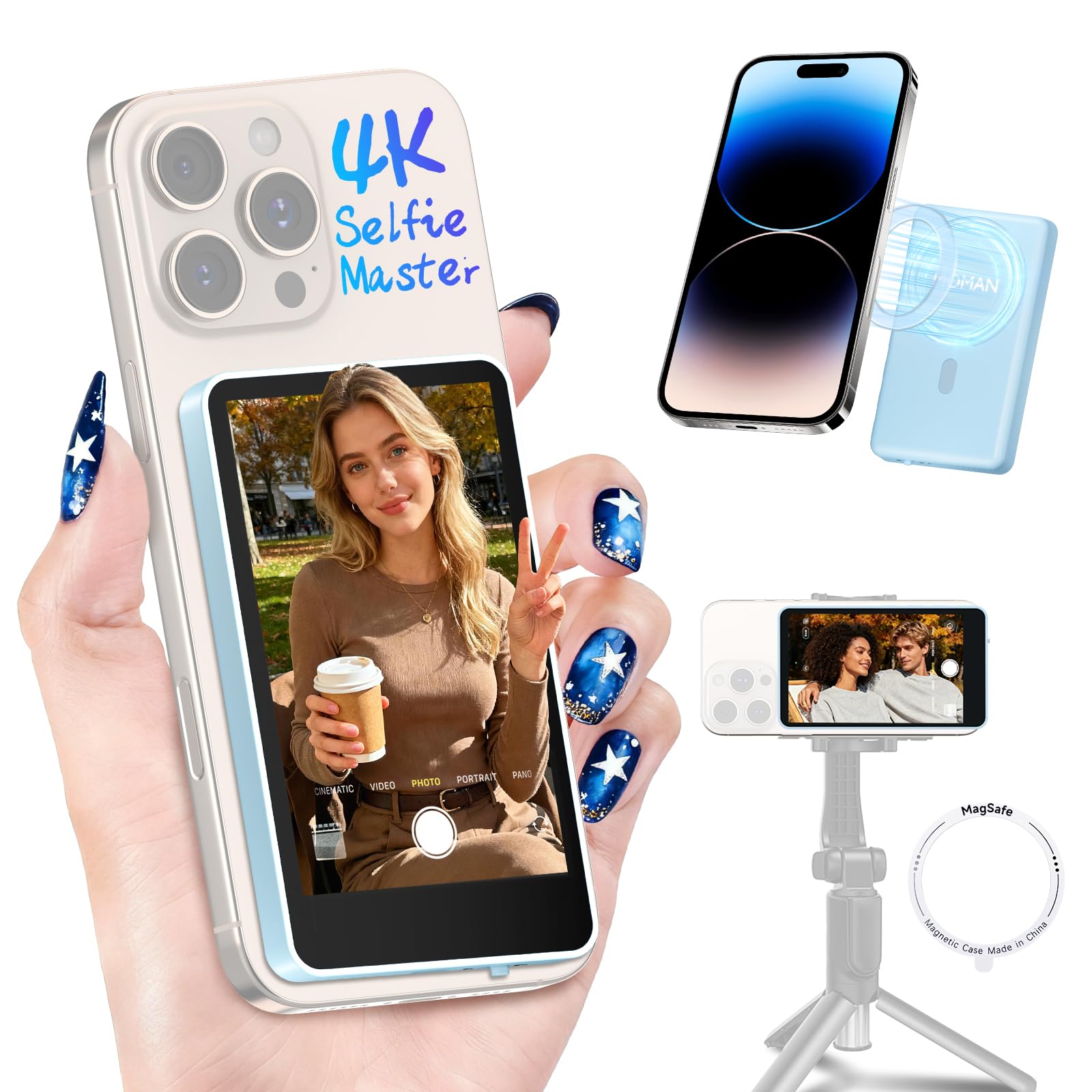 Moman Xview M4 Selfie Monitor Screen for iPhone 7-16 Series & Android, 4K/1080p Magnetic Back Camera Vlog Monitor, P2P Wireless 164FT HD Display for TikTok, YouTube, Live Stream, Vlogging (Blue) Image