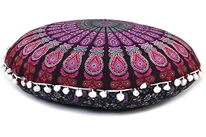 INDIAN CRAFT CASTLE Round Mandala Floor Pillow Cover Seating Cushion Throw Cover Hippie Decorative Bohemian Ottoman Pouf Cover, Pom Pom Pillow Cases,Boho Indian 22 Inches (Pink and White)