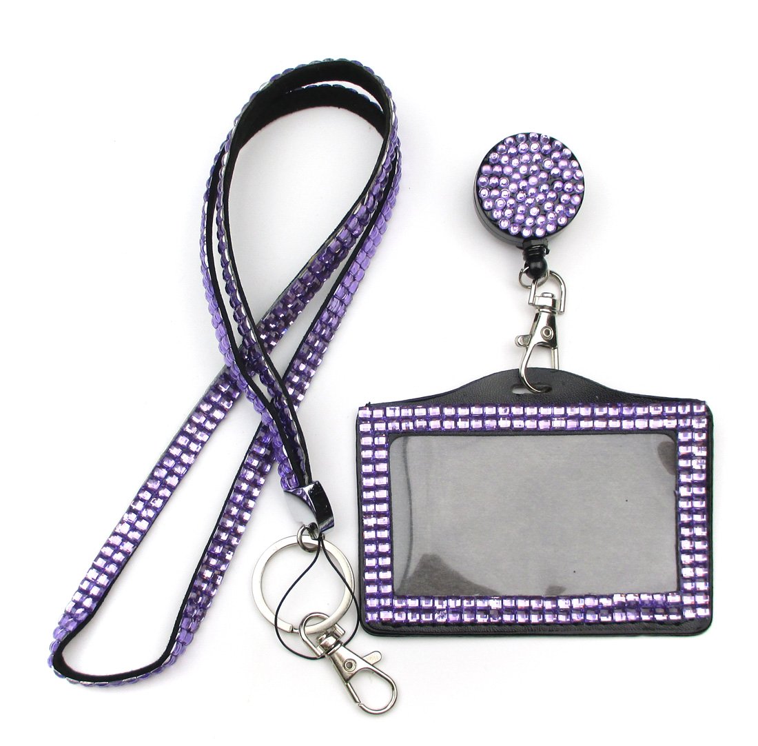 ALL in ONE Rhinestone Lanyard Bling Crystal Necklace + Badge Reel + Horizontal Card Holder for Business Id/Key (Purple)