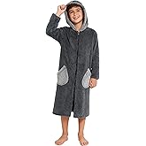 Funnycokid Boys Bathrobe Zipper Kids Soft Fleece Hooded Robe 7-14 Years
