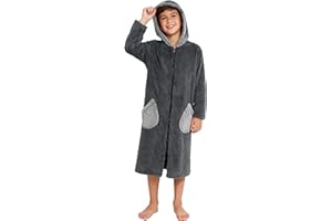 Funnycokid Boys Bathrobe Zipper Kids Soft Fleece Hooded Robe 7-14 Years