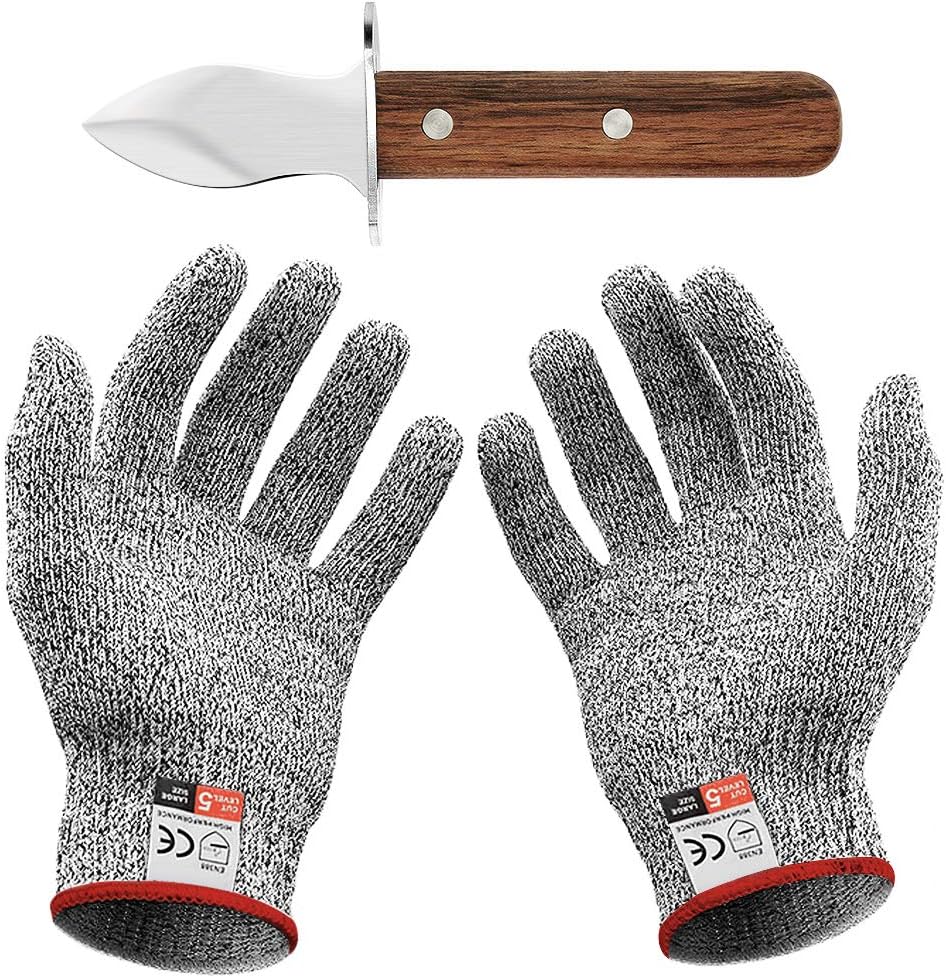 Oyster Knife Set mit Austernmesser und Schnittfeste Handschuhe Austernöffner und Schnittschutzhandschuhe für Muscheln oder Hartkäse geeignet - oyster knife (Küche, Gartenarbeit, DIY) (Mittel(M))
