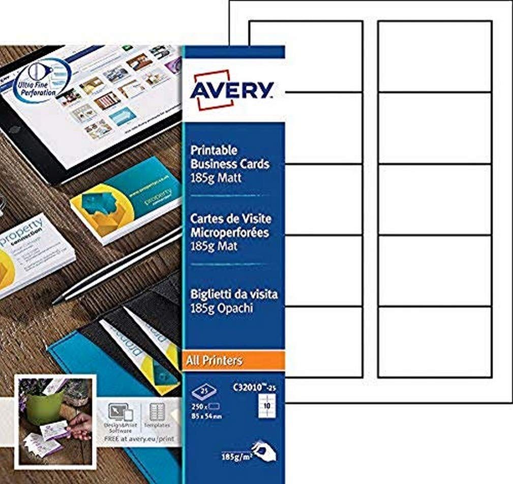 Avery C32010-25 250x Business Cards 185 g/m² Perforated for Monochrome Inkjet Laser Printers and Copiers 85 x 54 mm