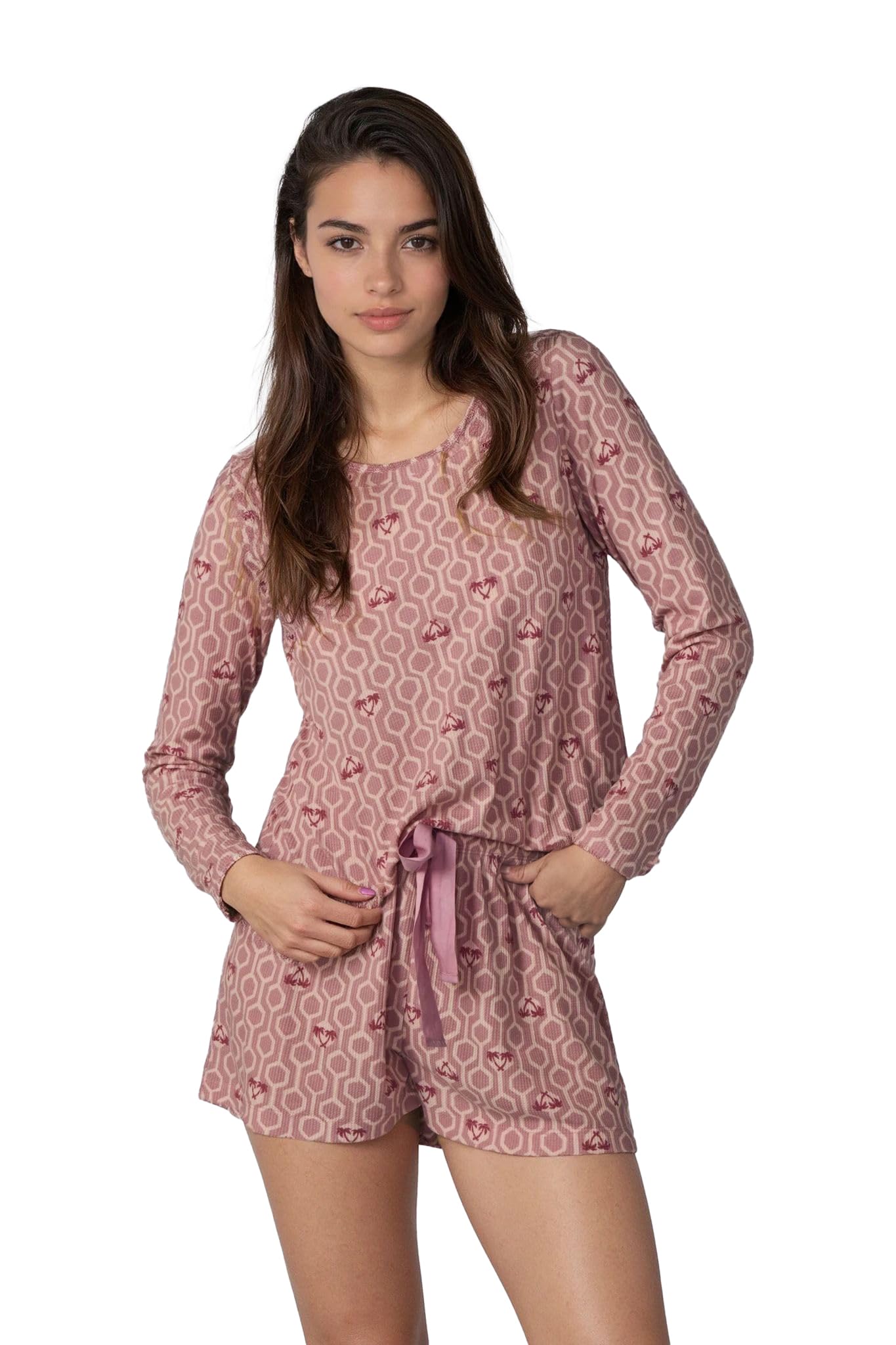 HUE Women’s Soft Pajama 2 Piece Set includes Long Sleeve PJ Tee and Waffle Boxer Shorts, Lilas – Palm Tree Me, Large