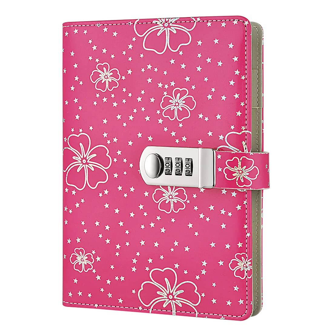 NectaRoy PU Leather Password Notebook Writing Journal Diary with Combination Lock, Flower and Star Pattern, Wire Binding Lined Notepad Personal Sketchbook with Pen Holder, 210x145mm