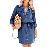 yoeasy Women's Casual Long Sleeve Denim Shirt Dress Retro Tie Waist Classic Button Down Pockets Jean Shirt Dress