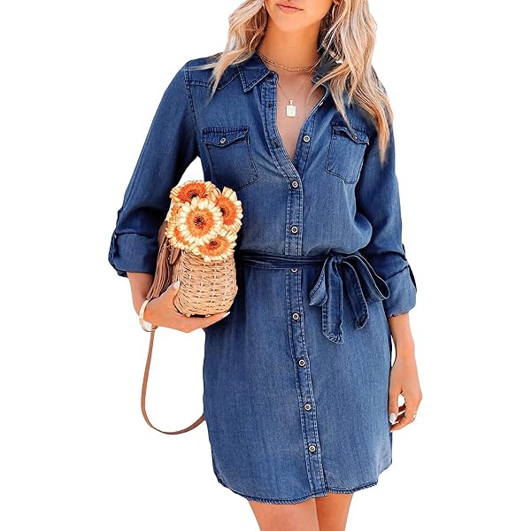 Amazon.com: utcoco Women's Casual Button Down Jean Shirt Dress Long Sleeve  Tie Waist Lightweight Denim Shirt Dress (Small, Dark Blue) : Automotive