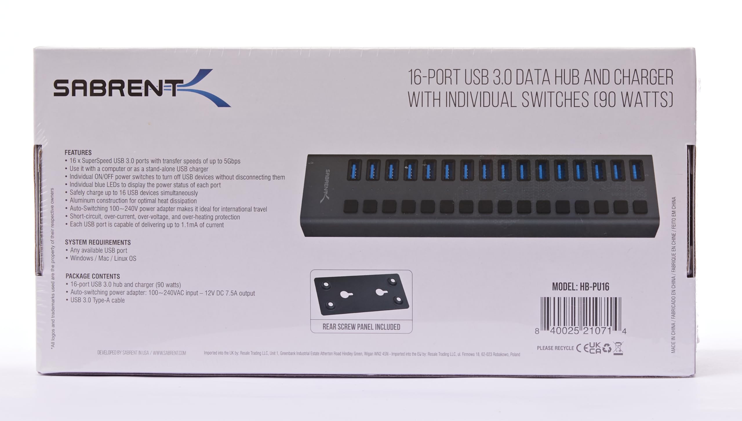SABRENT 16-Port USB 3.0 Data Hub and Charger with Individual Power Switches, 90W High-Power Output (HB-PU16)