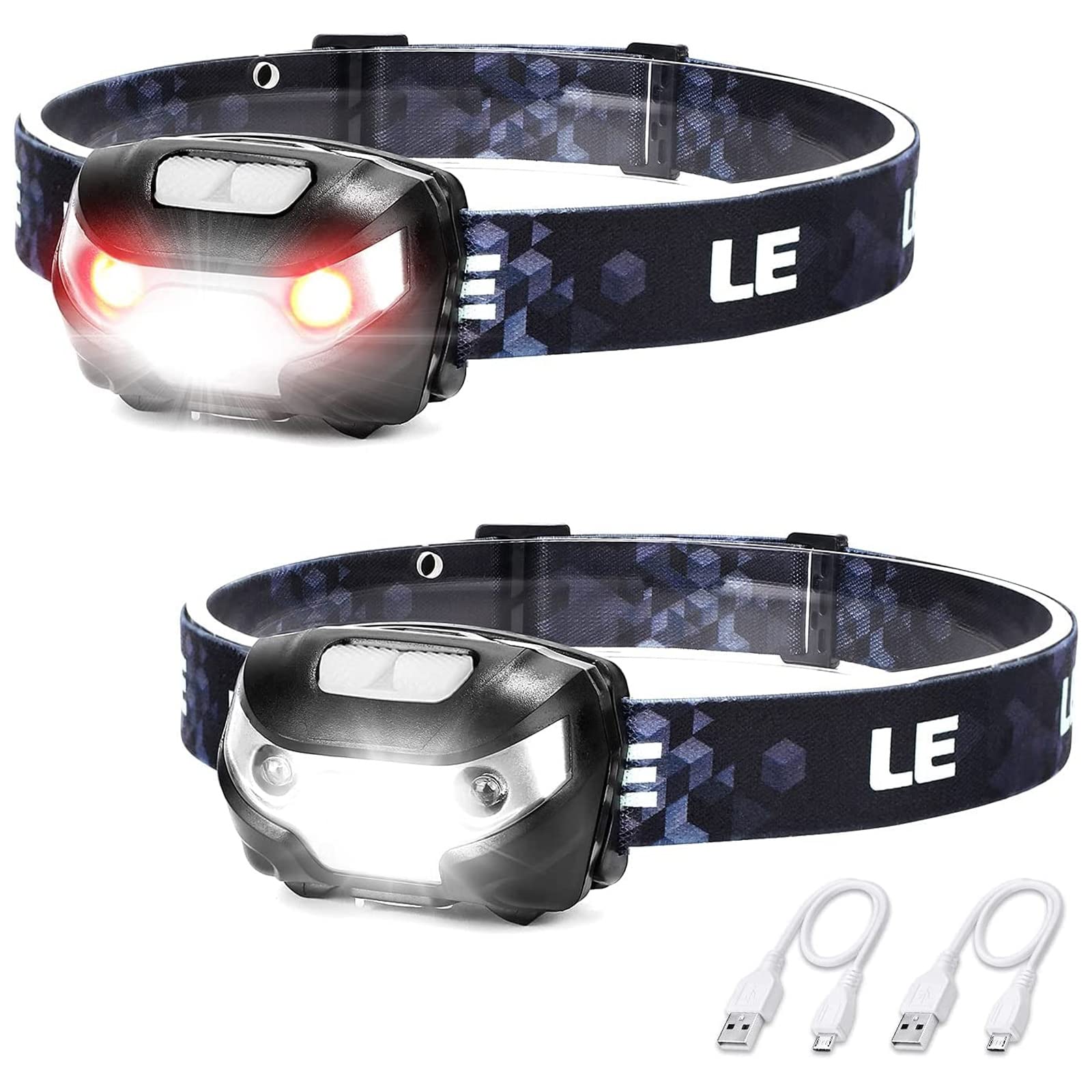 LE Head Torch Rechargeable, [2 Pack] Super Bright LED Headlamp Waterproof with 5 Lighting Modes, 30H Runtime, Red Warning Lights for Running Hiking Dog Walking, Lightweight Headlight for Kids Adults