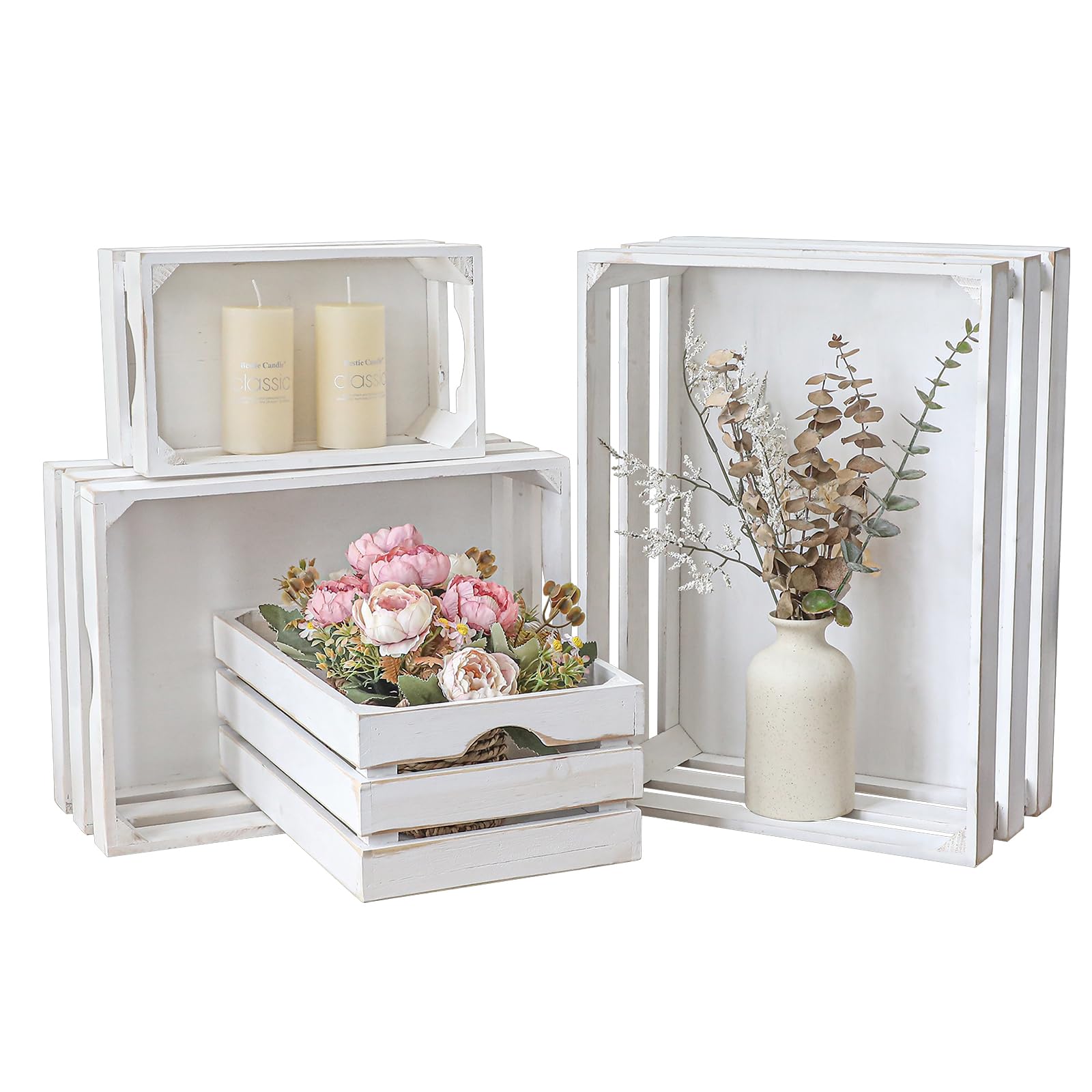 Photo 1 of JUMBO HUMBLE Set of 4 Large Wooden Decorative Storage Crates, Whitewashed Nesting Wooden Crates for Display Rustic, Farmhouse Wood Storage Container Boxes Made from 100% Wood