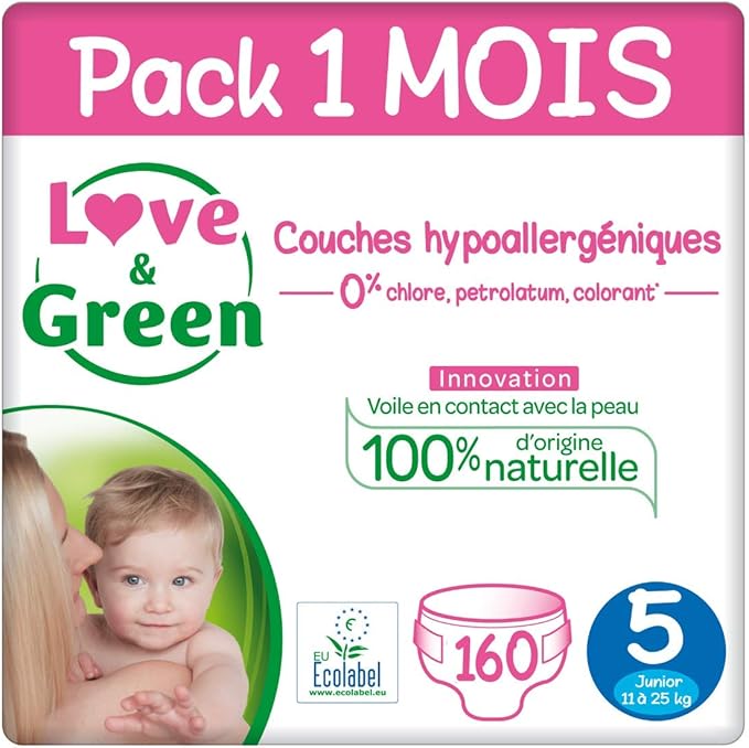 Love & Green Couches Taille 5 (1125 Kg) Pack 1 Mois (160 Couches