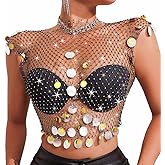 Uranian Mesh Tank Top Rhinestone Fishnet Body Chains for Women Sequins See Through Crop Tops Bikini Cover up for Festival Party Beach