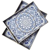 Umisriro Boho Decorative Tray, Modern Blue Serving Tray with Handles, Ottoman Trays Set of 2, Plastic Coffee Table Tray for Living Room, Bathroom, Kitchen, Decor, Large 15.7”*11.8”, Small 13.7"*9.8"