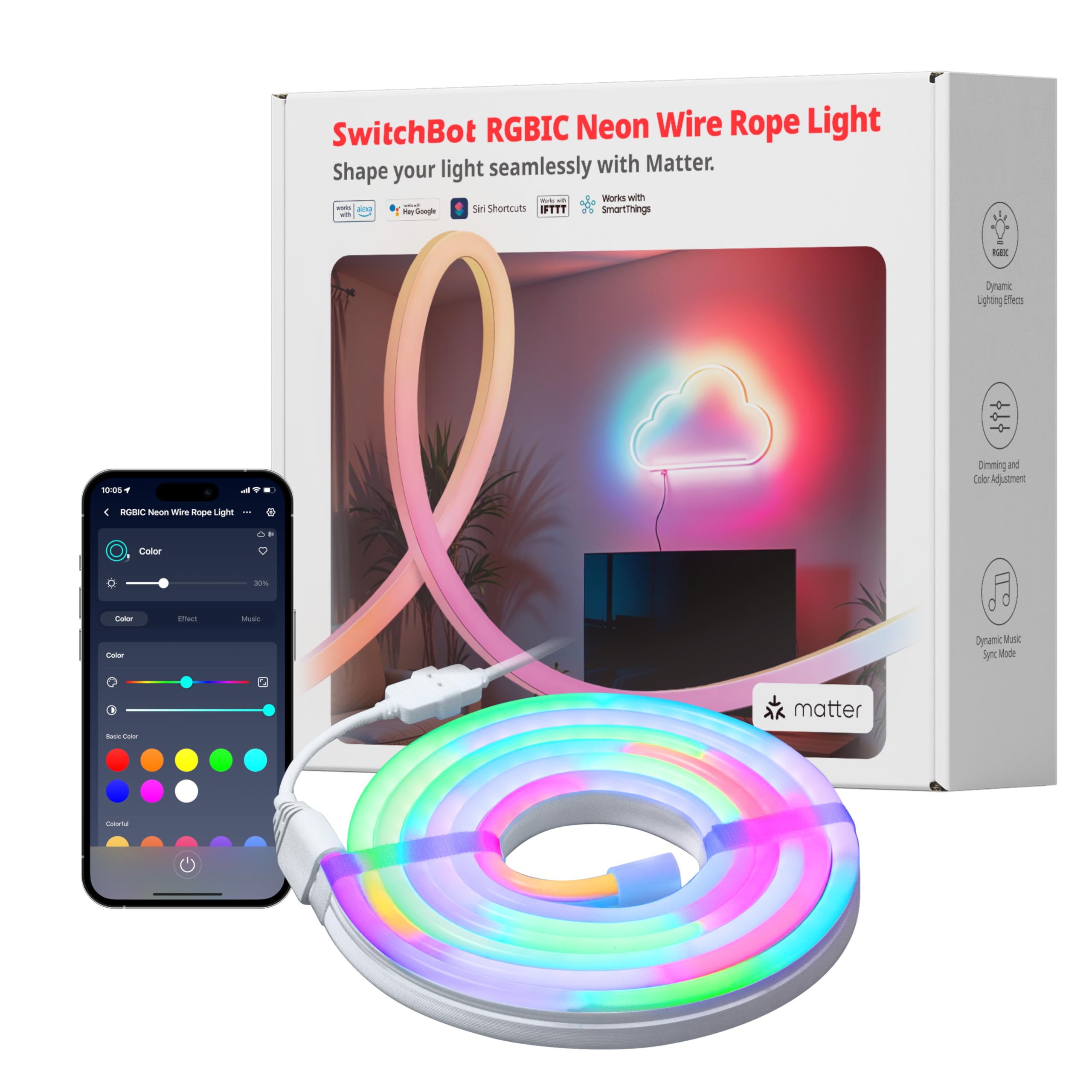 SwitchBot RGBIC Neon Rope Lights, Matter-Certified Wire Rope Light, DIY ...