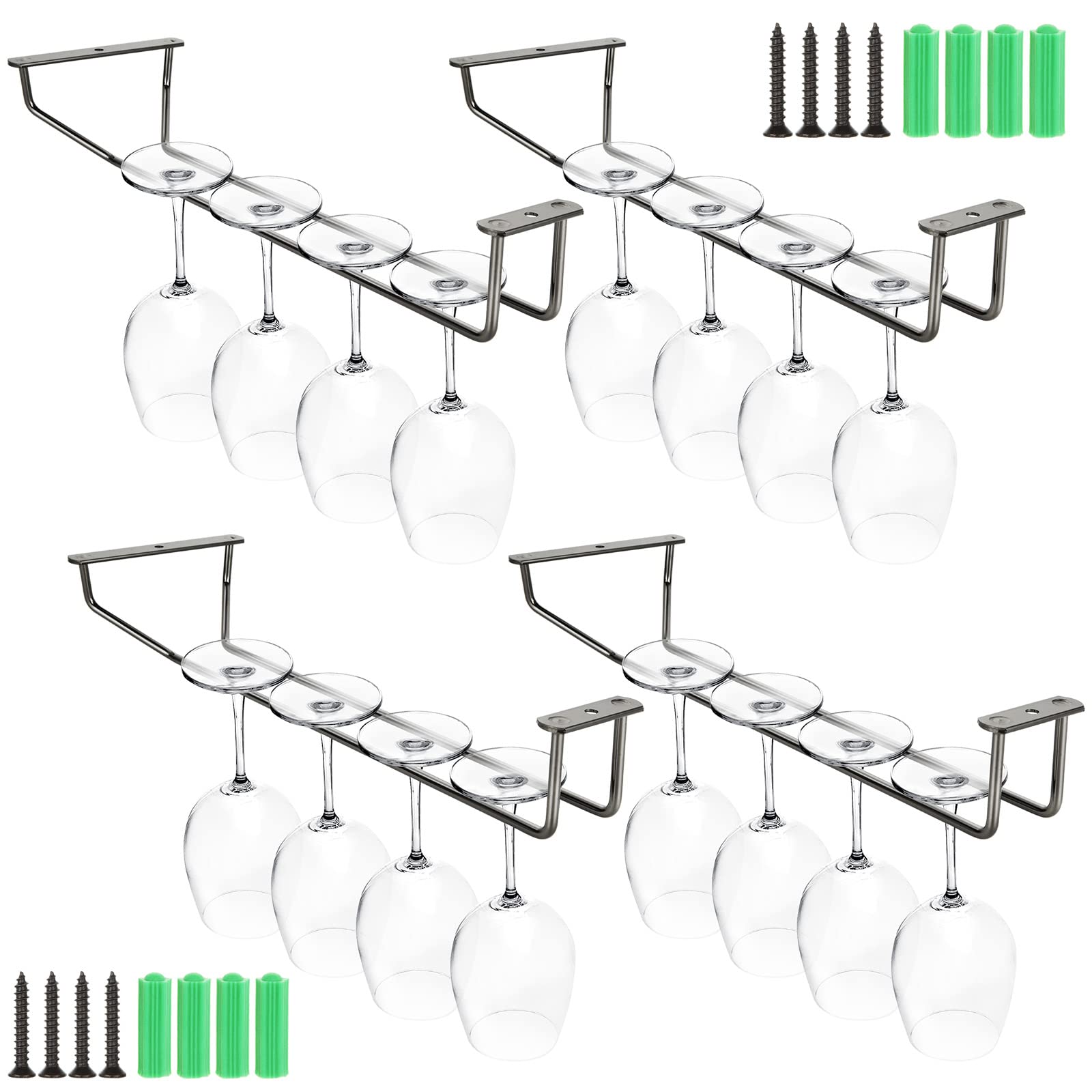 YOUNTHYE 4Pack Wine Glass Rack Stainless Steel Wine Glass Holder, 14inch Hanging Stemware Rack for Bar Kitchen Cabinet