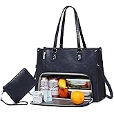 BAVERGE Lunch Tote Bag with Insulated Compartment for Women Work, Vegan Leather Laptop Bag with 15.6" Computer Compartment Small Purse for Daily Office Travel Picnic