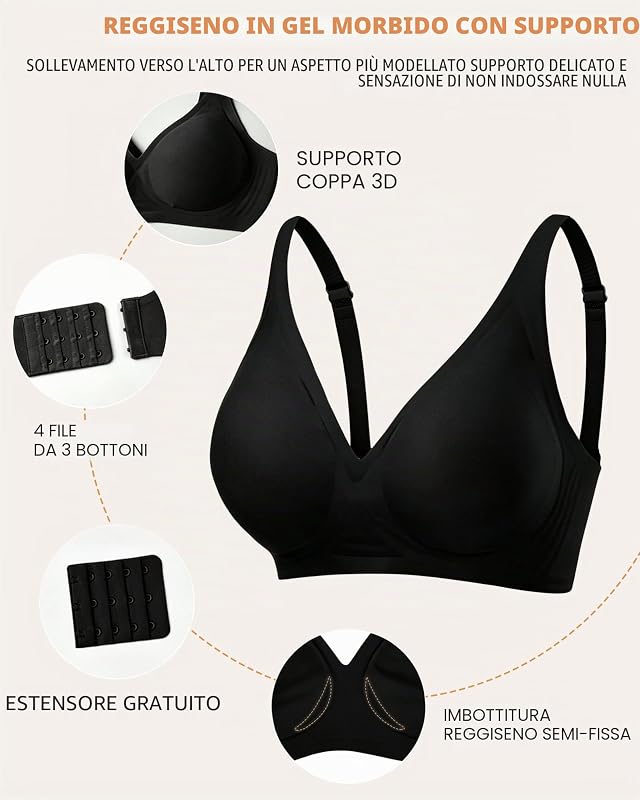 Reggiseno Senza Ferretto Senza Cuciture Imbottito Comodo, Nero, L