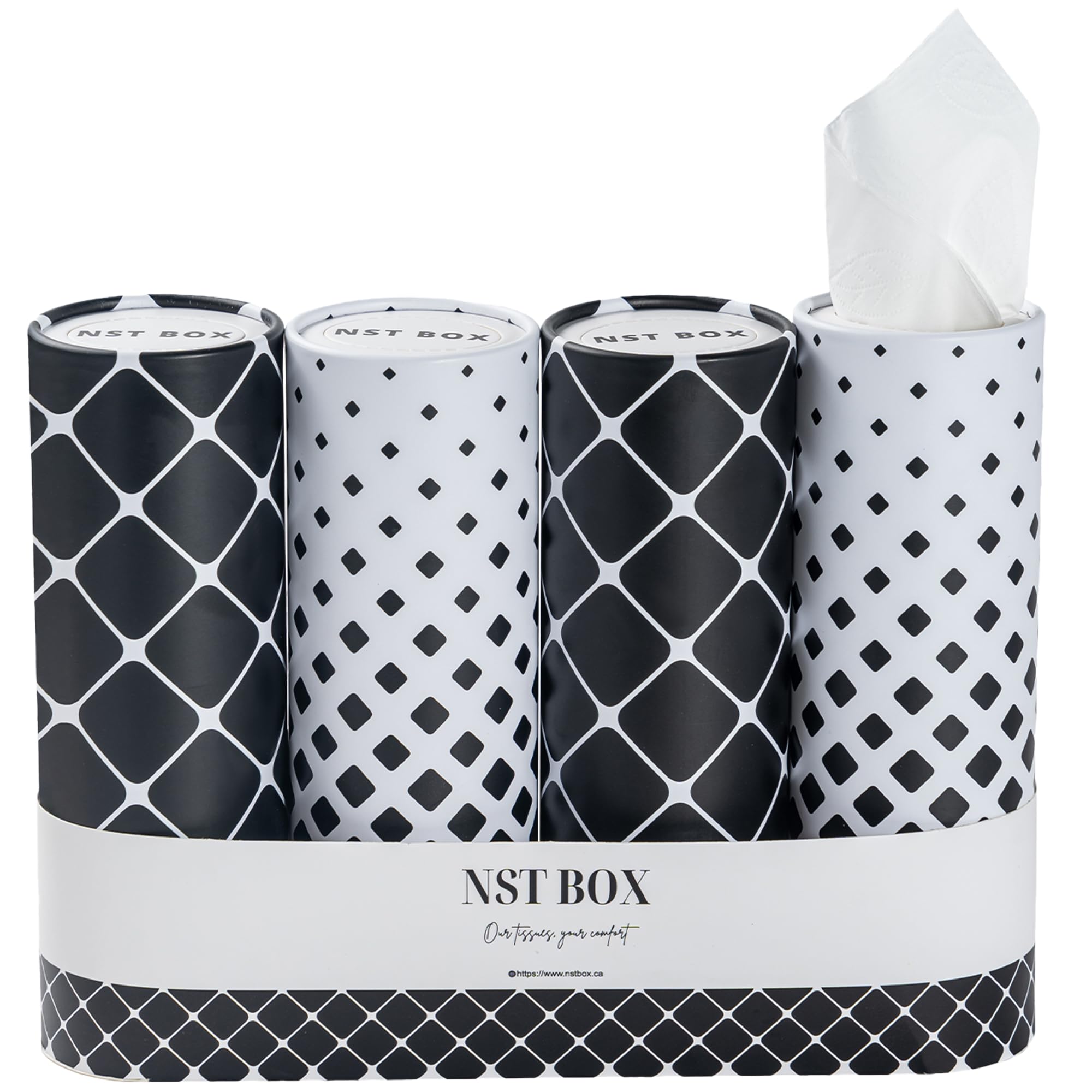 Photo 1 of NST BOX - Car Tissue Holder, 4-in-1 Set of Travel Tissues with 50 Tissues Per Box, Sleek Cylinder Tissue Holder in Car with Easy Open Lid, 2-Ply Car Tissues for Home, Office and Trips, Black/White