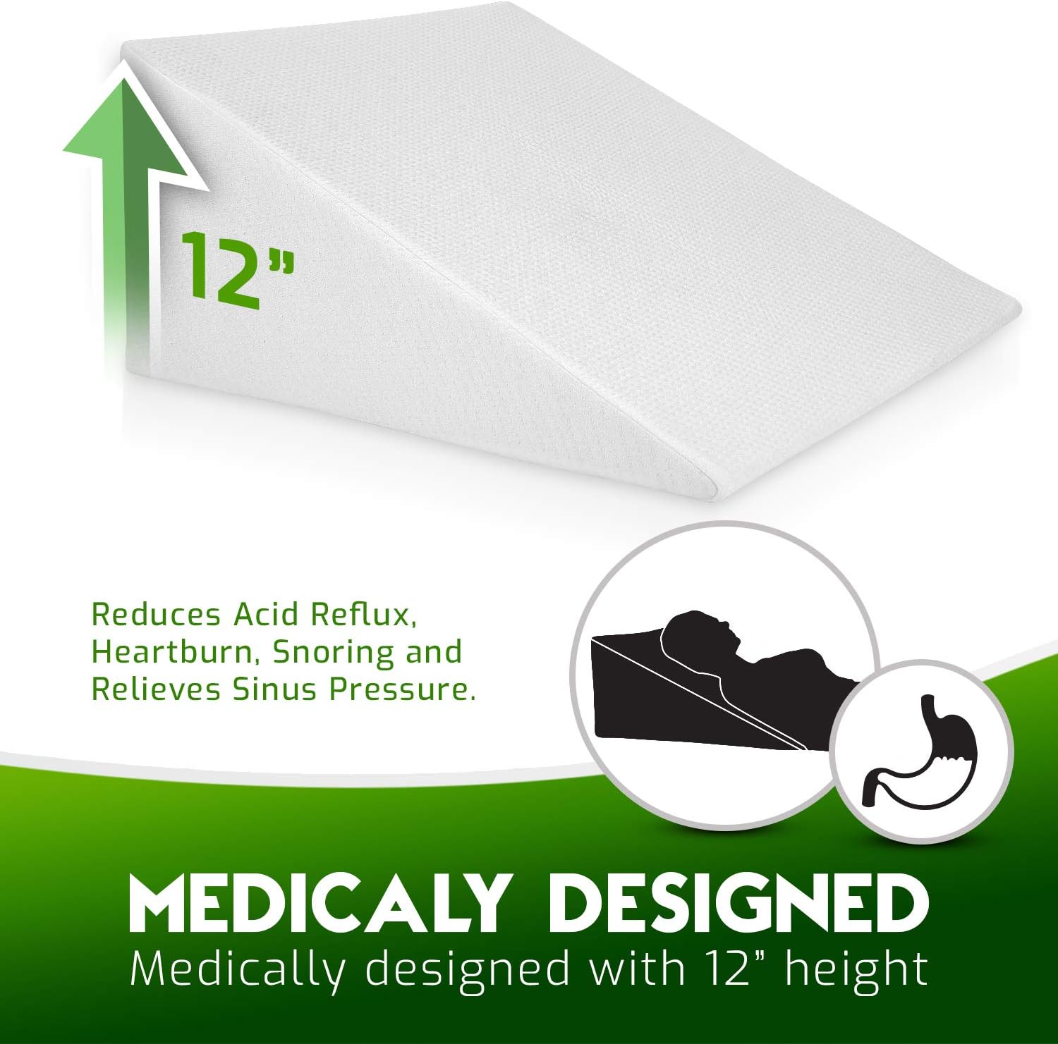 Bed Wedge Pillow with Memory Foam Top - Reduce Neck and Back Pain, Snoring, Acid Reflux and Respiratory Problems - Ideal for Sleeping, Reading, Rest or Elevation - Breathable and Washable Cover - 12in: Home & Kitchen