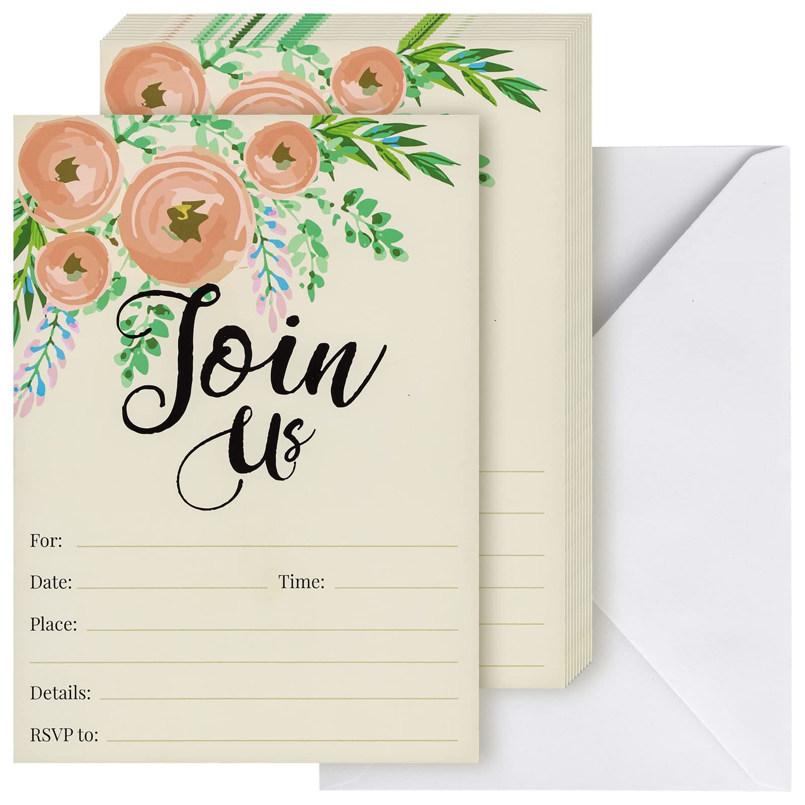 Juvale 50 Count of Invitation Postcards with Envelopes, Join Us with Watercolour Floral Design, 13 x 18 cm
