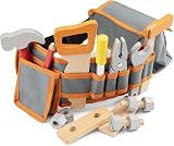 Woet Orange Kids Tool Belt Set Pretend Play Carpenter Toy with Wooden Tools