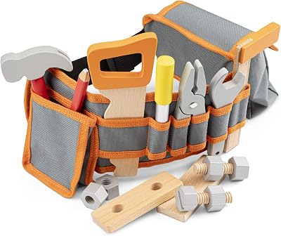 Woet Orange Kids Tool Belt Set Pretend Play Carpenter Toy with Wooden Tools