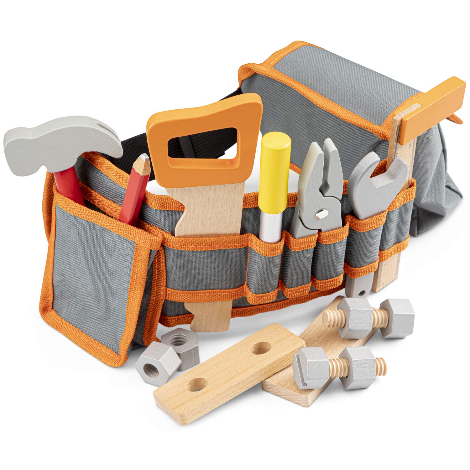 Woet® Orange Kids Tool Belt Set - Pretend Play Carpenter Toy - with Wooden Tools - Age 3 Years+